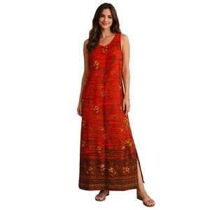 Womens Size 12 Red Floral Rayon Maxi Dress Sleeveless Boho Summer